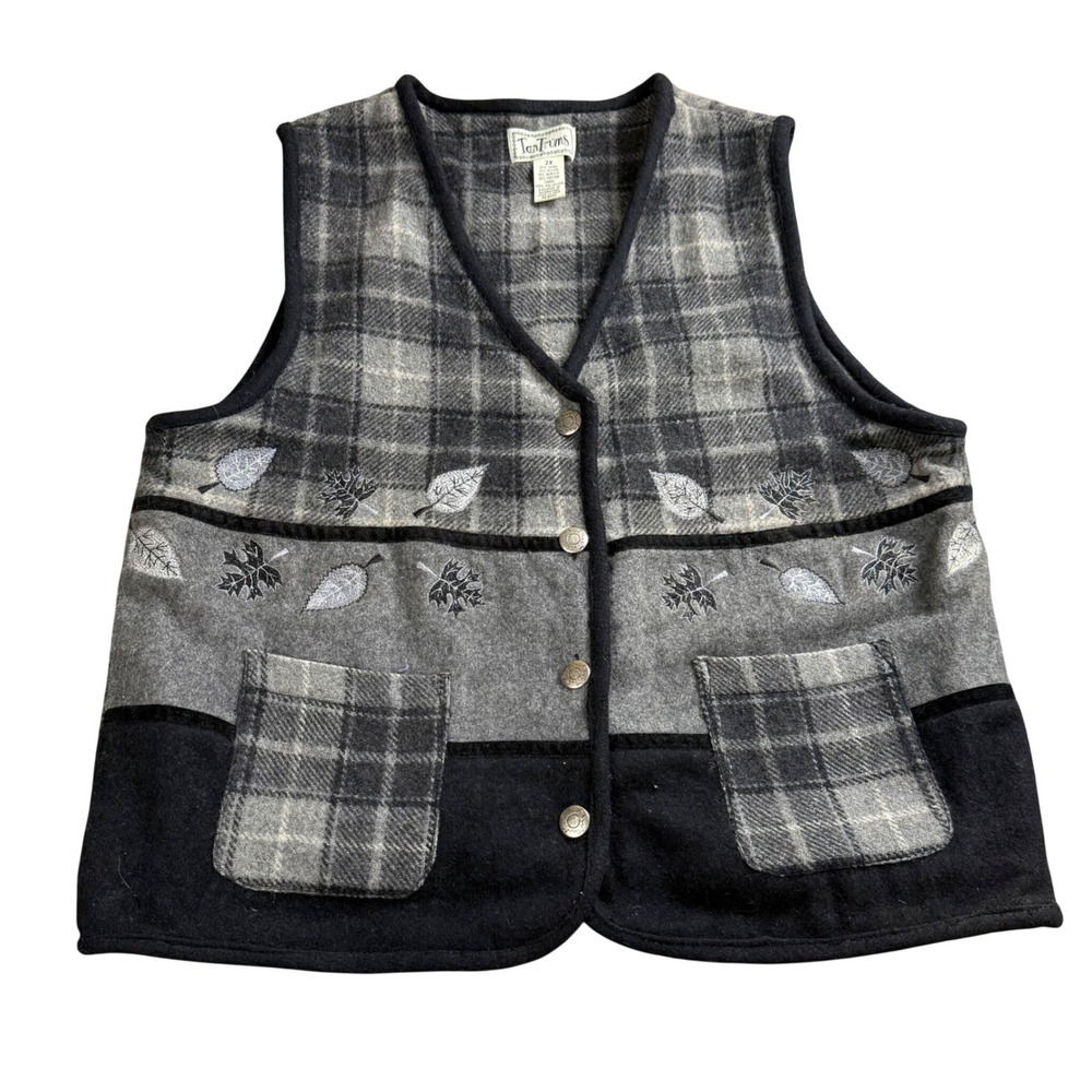 TanTrums Plaid Leaf Embroidered Wool Blend Vest Women 2X Grey Black Fall Autumn